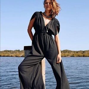 NWOT Free People Irene Linen Blend Ruched Dolman Sleeves Empire Waist Jumpsuit